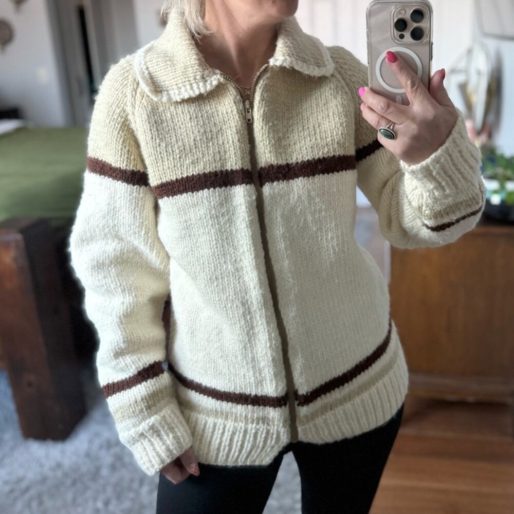 Vintage | Unisex 1960s Sweater Cowichan Full Zip Cardigan Wool Knit Jacket Ivory